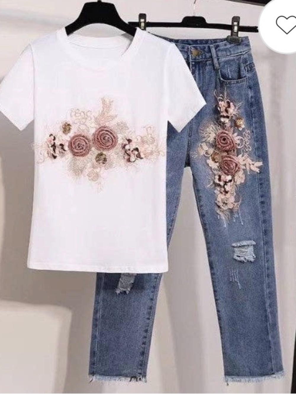 Women’s Floral Embroidered Tee with matching jeans.